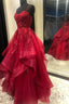 Red Lace Long Prom Dress, Red Backless Prom Dresses