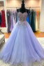 Purple Tulle Lace Long Prom Dress, A Line Spaghetti Straps Graduation Dresses