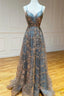 Grey Tulle Sequins Long Prom Dress, A Line Spaghetti Straps Prom Dresses