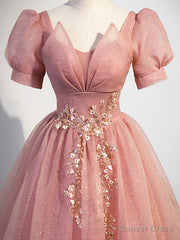 Pink Tulle Floor Length Prom Dress with Short Sleeve, Beautiful A-Line Evening Dress