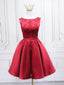 Burgundy Satin Lace Short Prom Dress, A Line Homecoming Dresses