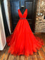 Red V Neck Tulle Long Prom Dress, Red A Line Prom Dresses with Beaded