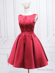 Burgundy Satin Lace Short Prom Dress, A-Line Homecoming Dress
