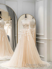 Cute Tulle Sweetheart Long Party Dresses with Lace, Beautiful A-Line Prom Dresses