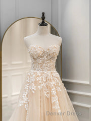 Cute Tulle Sweetheart Long Party Dresses with Lace, Beautiful A-Line Prom Dresses