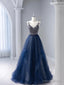 Blue Tulle Beaded Long Prom Dress, A Line Spaghetti Strap Prom Dresses