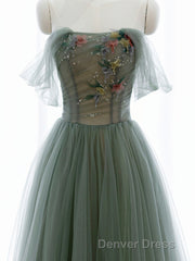 A-Line Green Tulle Long Prom Dresses, Off the Shoulder Evening Party Dresses