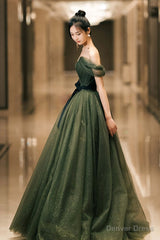 Beautiful Green Tulle Long Prom Dress, A-Line Off the Shoulder Graduation Dress