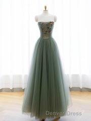 A-Line Green Tulle Long Prom Dresses, Off the Shoulder Evening Party Dresses