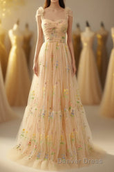 Champagne Lovely Tulle Lace Long Prom Dresses, Champagne Evening Dresses