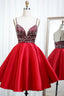 Red Satin Beading Short Prom Dress, A Line Homecoming Dresses