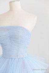Blue Layers Tulle Long Prom Dresses, A-Line Strapless Evening Dresses