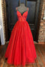 Red Tulle Beading Long Prom Dress, A Line Prom Dresses
