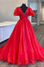 Red Organza Long A Line Prom Dress, Beautiful V Neck Prom Dresses