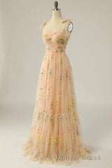 Champagne Lovely Tulle Lace Long Prom Dresses, Champagne Evening Dresses