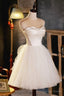 Champagne A Line Strapless Prom Dress, Short Homecoming Dresses