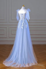 Blue Spaghetti Strap Tulle Lace Long Prom Dress, A-Line Evening Party Dress