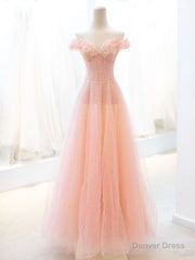 Pink Tulle Sequins Long Prom Dress, A-Line Lovely Evening Party Dress