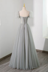 Gray Tulle Beading Long Prom Dress, A-Line Short Sleeve Evening Dress