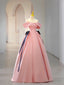 Pink Satin Floor Length Prom Dress, Off Shoulder Prom Dresses