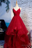 Red V Neck Tulle Long Prom Dress, A Line Prom Dresses