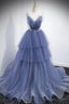 Blue Layers Tulle Long Prom Dress, A Line Spaghetti Straps Prom Dresses
