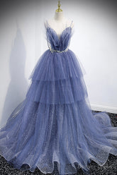 Blue Layers Tulle Long Prom Dresses, A-Line Spaghetti Straps Evening Dresses