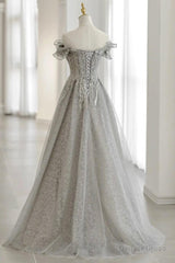 Grey Tulle Sequins Long A-Line Prom Dresses, Off the Shoulder Evening Dresses