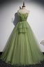 Green Tulle Long A Line Prom Dress, Green Spaghetti Straps Prom Dresses