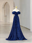 Blue Sequins Long Prom Dress, Off the Shoulder Blue Prom Dresses