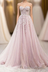 Cute Tulle Sweetheart Long Party Dresses with Lace, Beautiful A-Line Prom Dresses