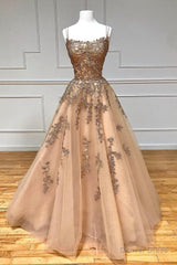 A-Line Spaghetti Straps Lace Long Prom Dress, Lace Evening Dress