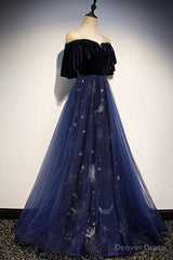 Blue Velvet Tulle Long Prom Dresses, Blue Formal Evening Dresses