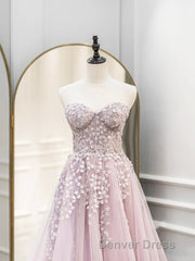 Cute Tulle Sweetheart Long Party Dresses with Lace, Beautiful A-Line Prom Dresses