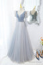 Cute V-Neck Tulle Beaded Long Prom Dress, Gray A-Line Evening Party Dress