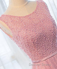 A Line Round Neck Tulle Long Prom Dresses, Lace Evening Dresses