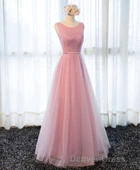A Line Round Neck Tulle Long Prom Dresses, Lace Evening Dresses