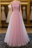 A Line Round Neck Tulle Long Prom Dresses, Lace Evening Dresses