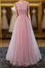 A Line Round Neck Tulle Long Prom Dress, Lace Prom Dresses