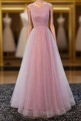 A Line Round Neck Tulle Long Prom Dresses, Lace Evening Dresses
