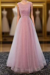 A Line Round Neck Tulle Long Prom Dresses, Lace Evening Dresses