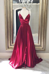 Burgundy Satin Long Prom Dresses, A-Line Backless Evening Dresses