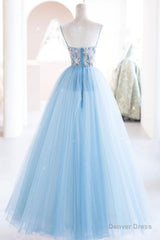 Blue Spaghetti Strap Tulle Beading Long A-Line Prom Dresses