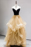 Black Straps V Neck Layers Tulle Long Prom Dress, Glam Prom Dresses