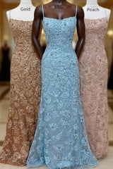 Straps Mermaid Blue Lace Appliques Long Prom Dresses