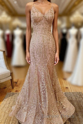 Mermaid V-Neck Rose Gold Long Prom Dresses with Criss Cross Back