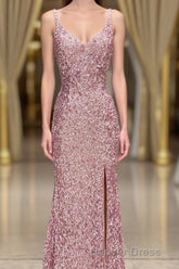 Gorgeous Mermaid V-Neck Pearl Pink Long Prom Dresses with Slit