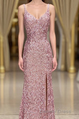 Gorgeous Mermaid V-Neck Pearl Pink Long Prom Dresses with Slit