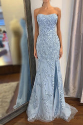 Elegant Strapless Mermaid Sky Blue Long Lace Prom Dresses with Slit