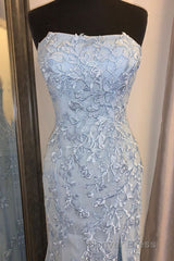 Elegant Strapless Mermaid Sky Blue Long Lace Prom Dresses with Slit